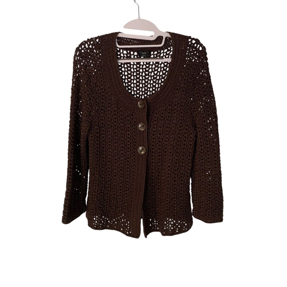 Talbots Womens Hand Knit Crochet Chocolate Brown Open Knit Cardigan M Boho